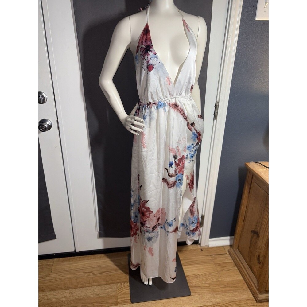 Flowy Low-Cut Fit-Flare High Split Maxi Strappy Floral Beach Dress White Small - Picture 5 of 7